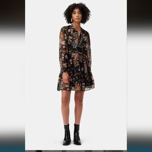 Amour Vert Malta Viscose Chiffon Long Sleeve Dress - Rosalind Floral Black, XS